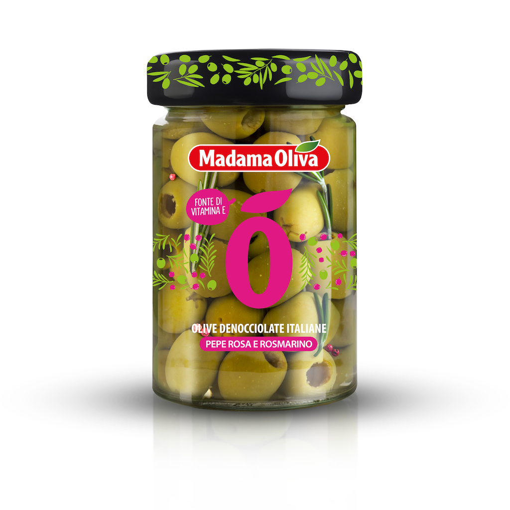 5-13013 Zelené olivy růžový pepř rozmarýn v nálevu MADAMA OLIVA 300g 