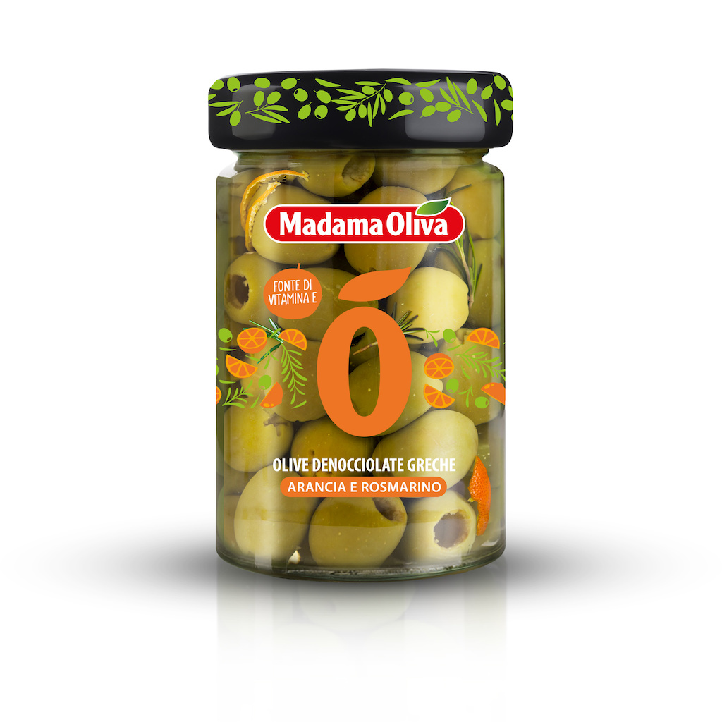 5-13015Zelené olivy pomeranč rozmarýn v nálevu MADAMA OLIVA 300g