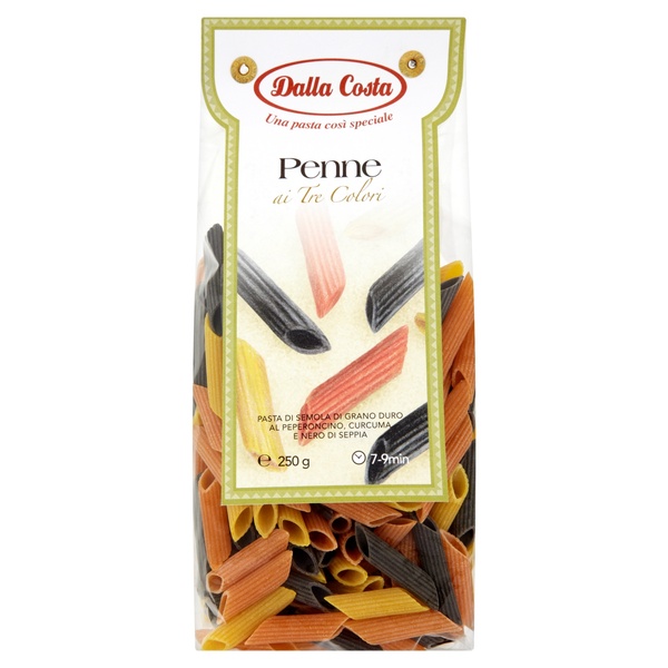 Penne ai tre colori - tříbarevné trubky černá mrkev, feferonka, kurkuma DALLA COSTA 250g