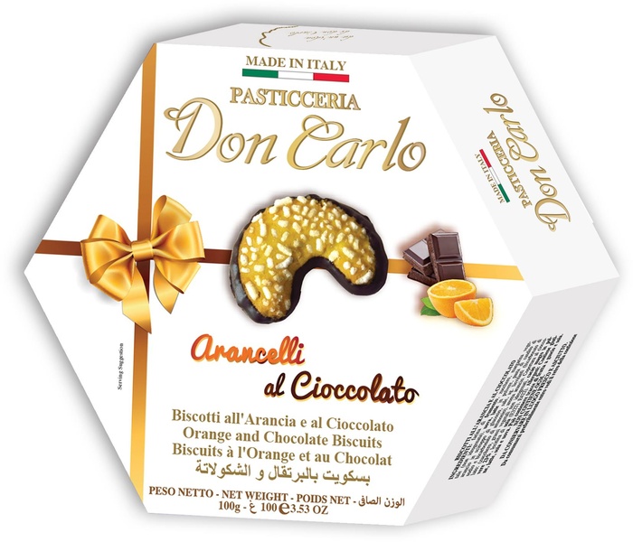 Arancelli al Cioccolato - sušenky s pomerančovou příchutí v čokoládě DON CARLO 100 g
