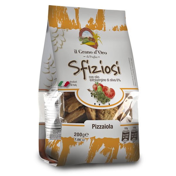 Sfiziosi Pizzaiola con olio extravergine di oliva - krekry s příchutí pizzy GRANO D´ ORO 200g 