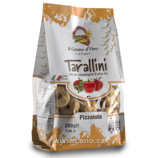 Tarallini Pizzaiola con olio extravergine di oliva - kroužky s příchutí pizzy GRANO D´ ORO 200g  
